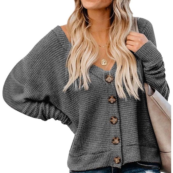 Sexy Button Cardigan Sweater Waffle Knit Top - Picture 3 of 5